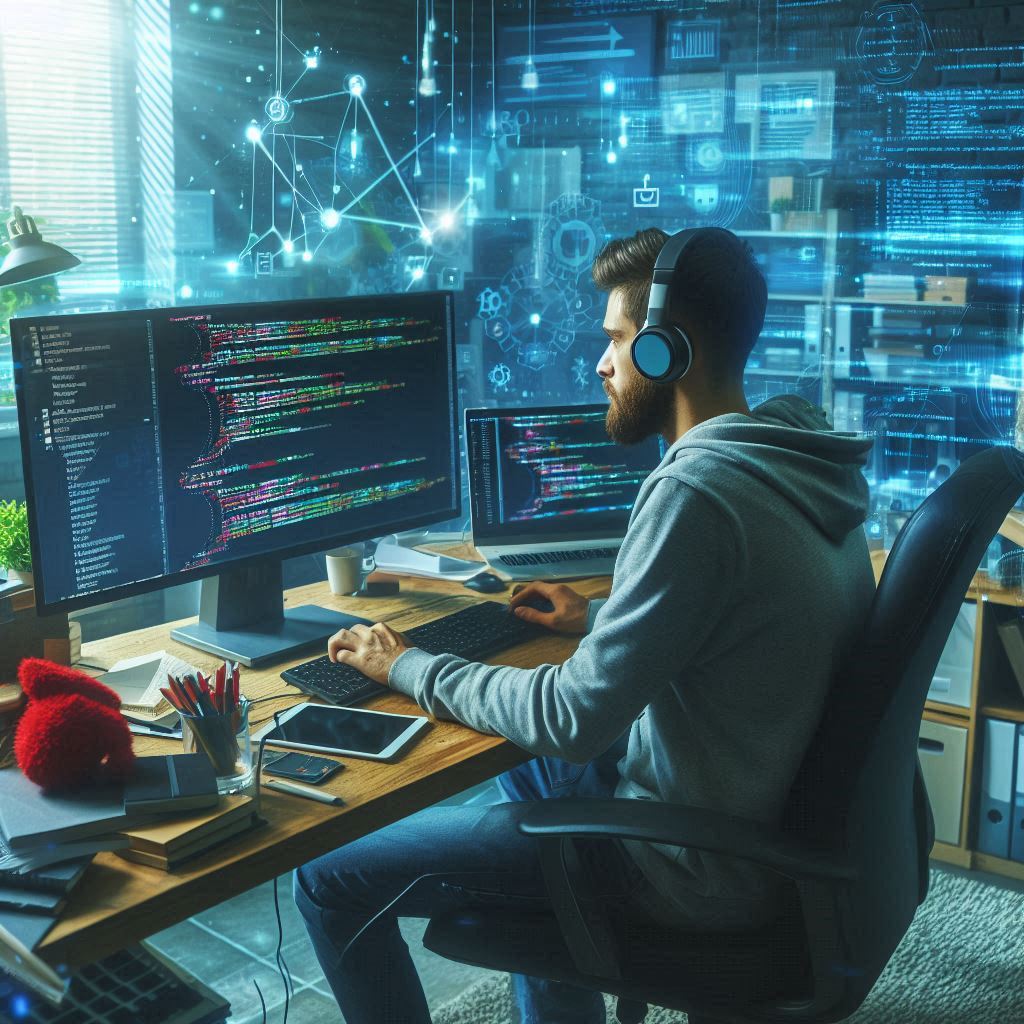 un desarrollador de web trabajando en su computadora, rodeado de código y diseño web